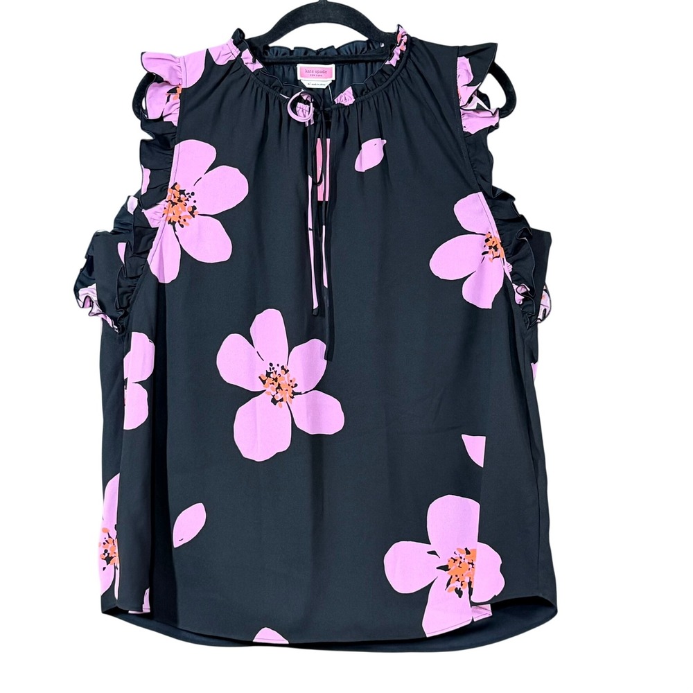 Kate Spade Women Grand Flora Tie Neck Shell XL Black Pink Ruffle NWT Romantic